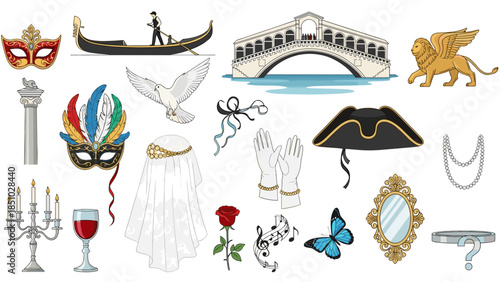 Collection of venice landmarks and symbols including gondola bridge