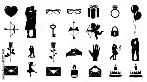 Set of black silhouettes illustrating various everyday life symbols and activities