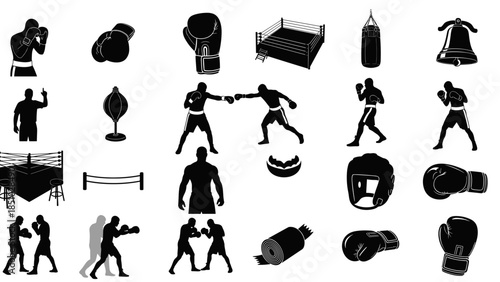 Collection of black and silhouettes depicting various human activities