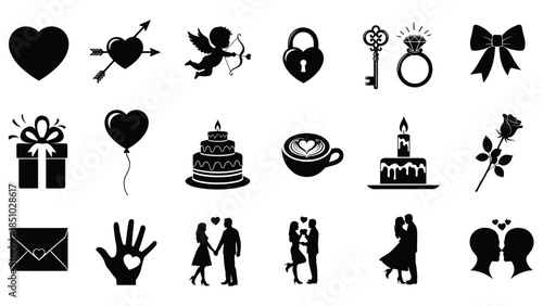 Set of black icons representing love romance celebrations and gifts
