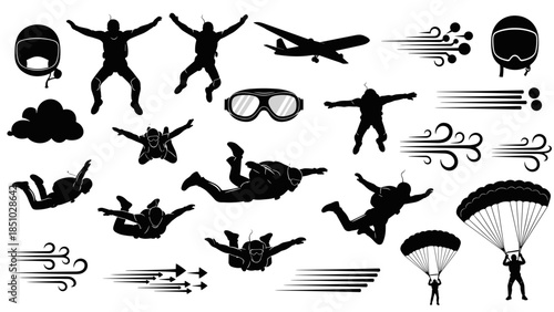 Collection of skydivers paratroopers jumping with parachutes in formation