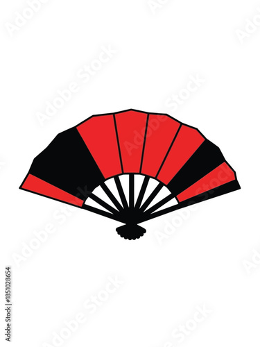 Traditional Japanese Folding Fan with Red and Black Pattern.