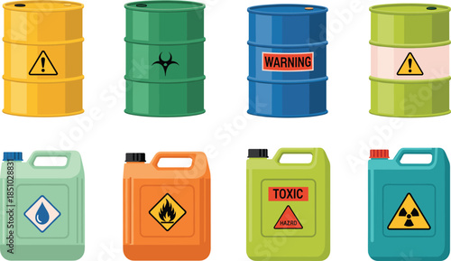 Industrial chemical vector set featuring metal barrels and plastic canisters with hazard warning symbols for toxic flammable and radioactive material storage.