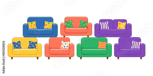 Colorful modern furniture set including sofas and armchairs