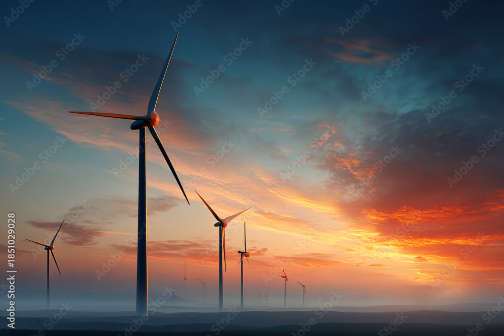 Obraz premium Numerous wind turbines dot a misty landscape under a dramatic sunrise sky