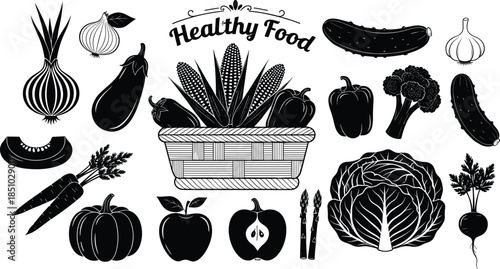 Healthy food vector set featuring black silhouettes of fresh vegetables corn basket and organic farm produce for culinary design.