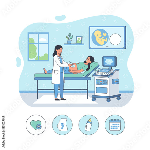 Pregnant woman having ultrasound check up with doctor