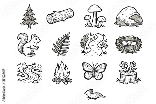Small icon vector set campfire path tree nest fallen stump forest