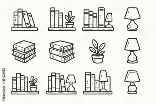 Icon plant collection potted icons shelf corner books aesthetic lamp book setup