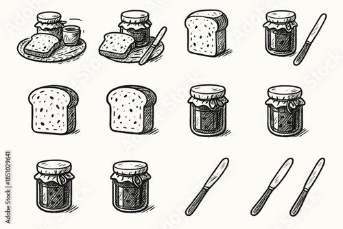 Jar slice bread knife icons icon jam setup bakery rustic breakfast vector