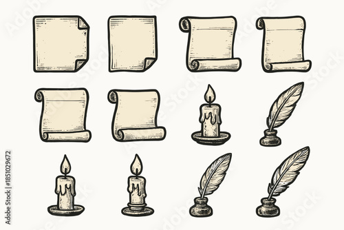 Icon scroll area pen set vintage vector quill candle writing doodle