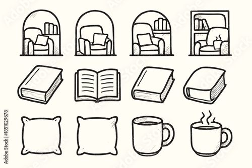 Icon pillow reading coffee icons outline cozy nook mug vector book