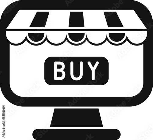 Computer monitor with a shop canopy and buy button representing e commerce
