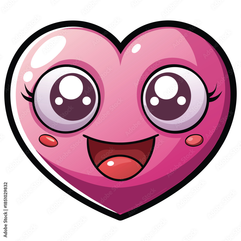 Fototapeta premium A cute vector illustration of a happy cartoon heart and two pink smiley character icons with a fun red face design for a romantic Valentine Day holiday symbol of love and romance