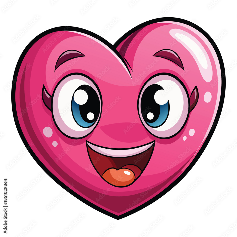 Fototapeta premium A cute pink heart monster character with a happy smiling face and 3d eyes is a funny valentine illustration and vector symbol of love