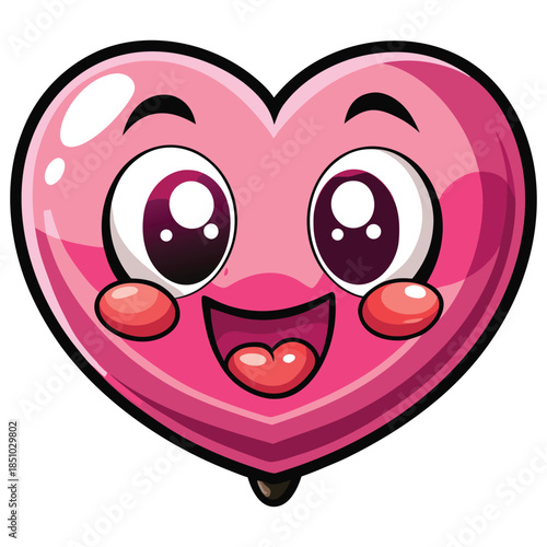 Cute pink heart cartoon character with a happy smiling face and red design elements for a romantic Valentine Day vector illustration