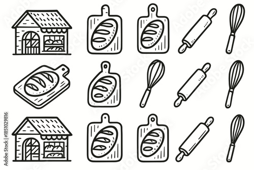 Breadboard rolling pin vector set collection bakehouse whisk artisan icon doodle bakery