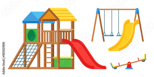 Playground equipment set with slide swings and seesaw