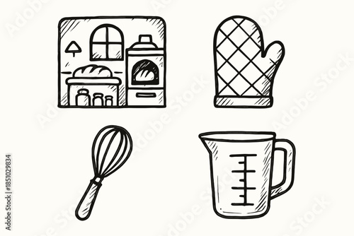 Measuring whisk bake set vector icon studio cup cozy mitt bakery oven