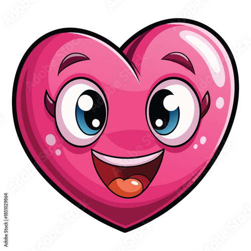 A cute pink heart monster character with a happy smiling face and 3d eyes is a funny valentine illustration and vector symbol of love