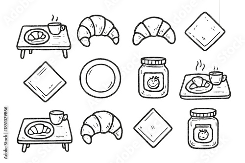 Vector bakery plate jar set rough napkin croissant breakfast table icon jam