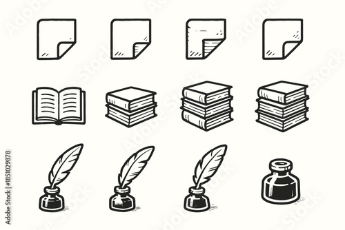 Doodle novels icons study icon mood collection inkwell book stack vector quill