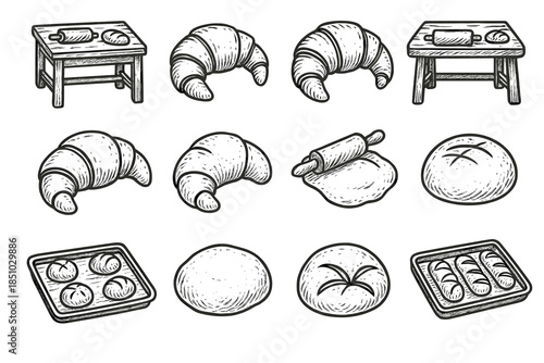 Vector croissant icons bakery baking sketch dough traditional tray bakehouse table grid
