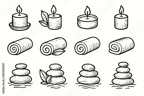 Ambiance stones icon set vector minimal smooth rolled candle towel spa