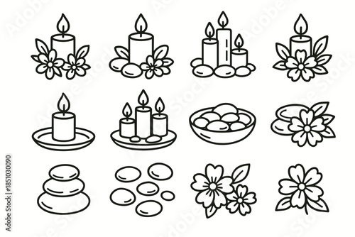 Pencil outline candle icon flowers vector tray decorative pebbles arrangement
