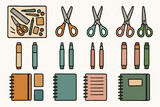 Craft notebook scissors markers set icons vector pencil icon supply stationery flatlay