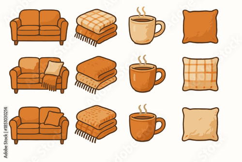 Warm mug icon vector decor icons blanket minimal sofa cozy tones pencil