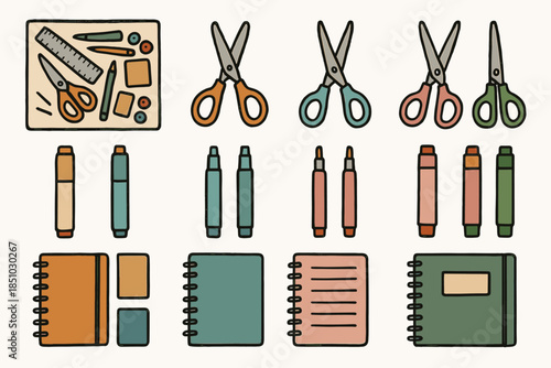 Craft notebook scissors markers set icons vector pencil icon supply stationery flatlay