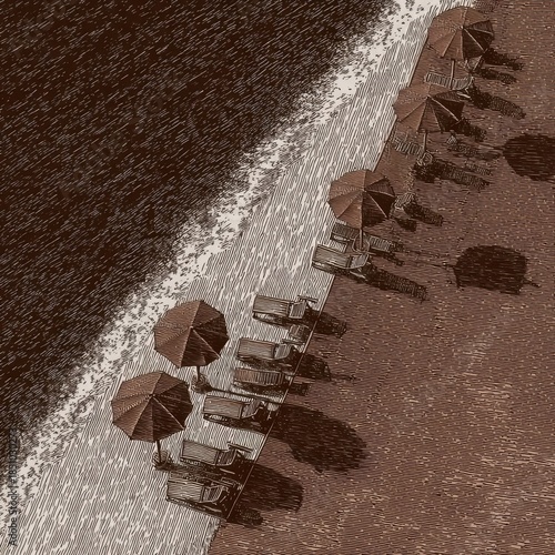 Wallpaper Mural Elevated view of beach umbrellas and lounge chairs on a sandy shoreline. Torontodigital.ca