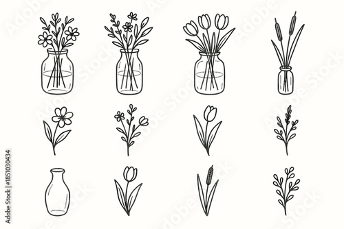Aesthetic floral tulip icons vector gentle reed vase home transparent icon outline