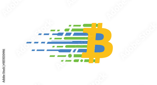 Fast Crypto Transfer: Bitcoin 'B' Symbol with Dynamic Speed Effect and Digital Motion Trails on White Background