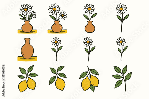 Tabletop vector daisy vase bright branch icons lemon pencil stem icon floral