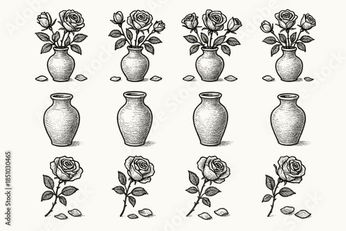 Petals icon fallen vase icons artistic ceramic rose floral vector life still