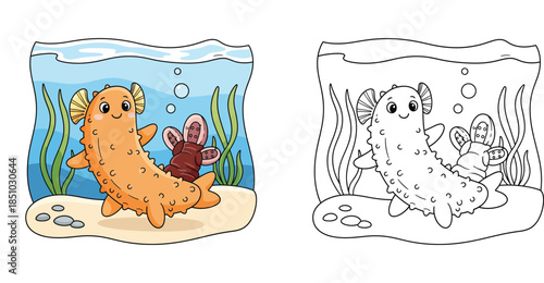Cute cartoon sea cucumber and sea worm on the ocean floor.