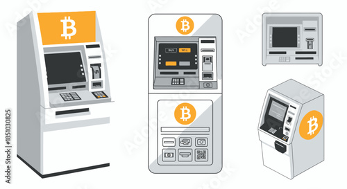 Vector Illustration Set of Bitcoin ATMs: Modern Cryptocurrency Exchange Kiosks for Digital Finance Transactions