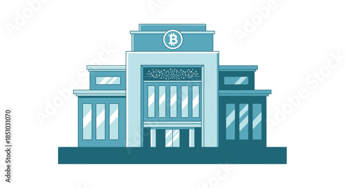 A stylized illustration of a cryptocurrency exchange building with a prominent Bitcoin logo, representing digital finance and investment opportunities