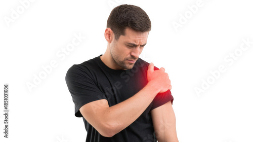 Medical illustration highlighting rotator cuff muscles and tendons in yellow and red, indicating strain injury on a transparent background for clear visualization of shoulder anatomy © Justlight