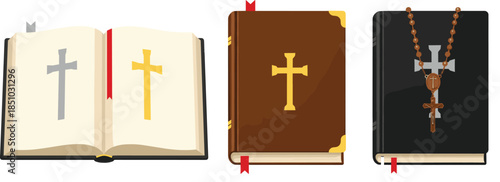 Religious vector set featuring open and closed Holy Bible books with gold crosses and a brown rosary for Christian spiritual design.