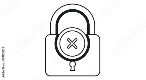 Line Art Padlock with X Mark Icon: Security Lockout, Access Denied, or Restricted Content Symbol in Black and White Outline