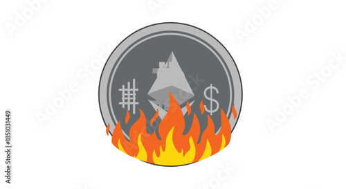 Cryptocurrency Coin on Fire Symbolizing Market Decline, Financial Risk, and Volatile Digital Asset Investment