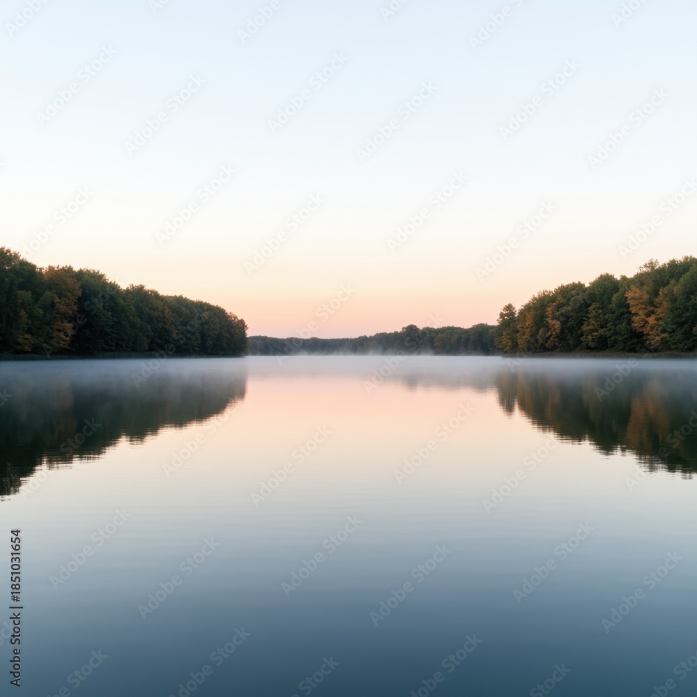 Fototapeta premium Serene lake at dawn with gentle reflections in tranquil setting
