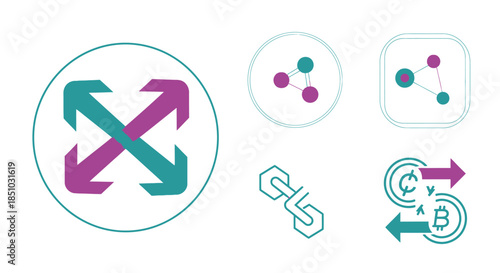 Set of modern flat vector icons depicting digital data exchange, secure networking, blockchain technology, and financial transaction concepts for diverse applications