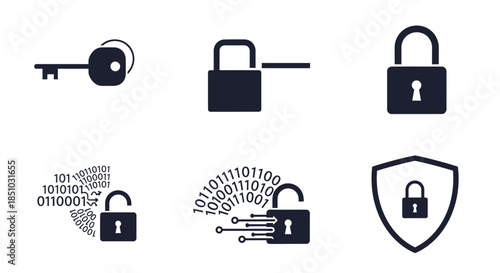 Flat vector icon set representing digital security, data protection, and access control. Features keys, locks, binary code, and a shield for online security and privacy