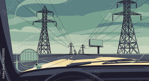 Driving through an industrial landscape, this illustration captures the view from a car's dashboard with power lines stretching into the horizon.