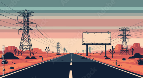 A stylized desert highway stretches endlessly towards a colorful horizon, flanked by towering electricity pylons and a blank billboard.