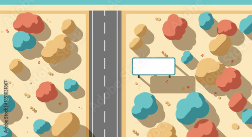 A vibrant top-down illustration of a desolate desert highway, flanked by stylized colorful bushes and an empty billboard, conveying travel and journey.
